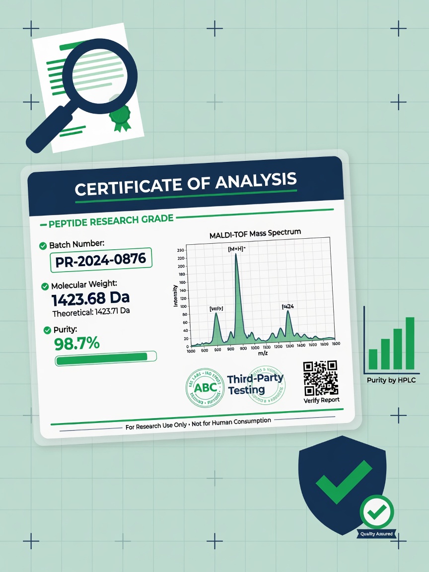 COA document infographic with purity data and third-party testing icons for peptide labs