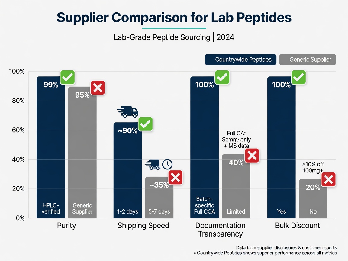 Bar chart comparing Countrywide Peptides to generic suppliers on purity, shipping, and documentation