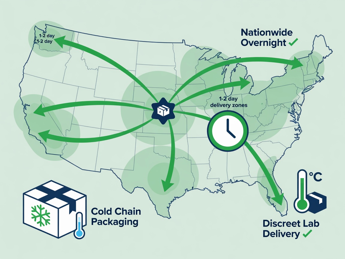 US map infographic showing cold-chain shipping routes and delivery times for peptide labs