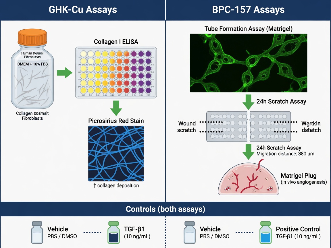 Split infographic comparing assay models for GHK-Cu and BPC-157 with cell culture and ELISA icons.