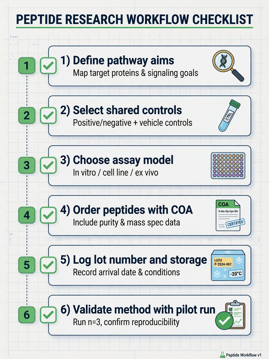 Checklist infographic with six steps for planning GHK-Cu and BPC-157 in vitro research.