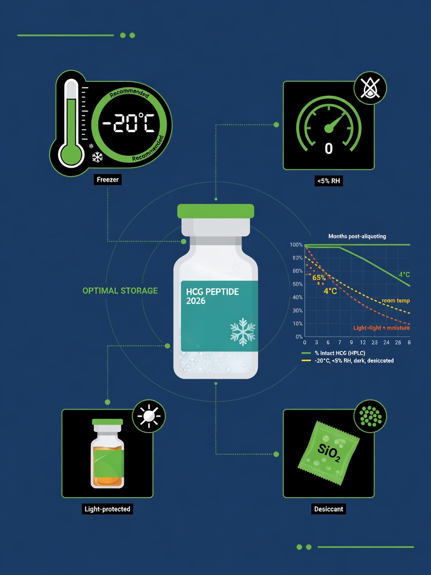 Infographic showing hcg peptide research 2026 storage variables: temperature, humidity, light protection, and aliquot stability.