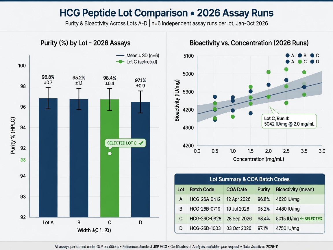 Data visualization comparing HCG peptide lots across 2026 assay runs with purity bars and bioactivity scatter plot.