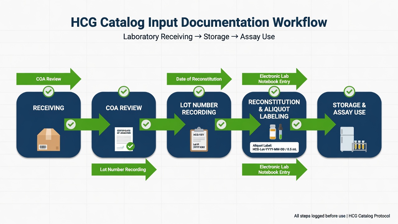 Flowchart showing laboratory documentation steps for HCG catalog inputs from COA review to notebook entry.