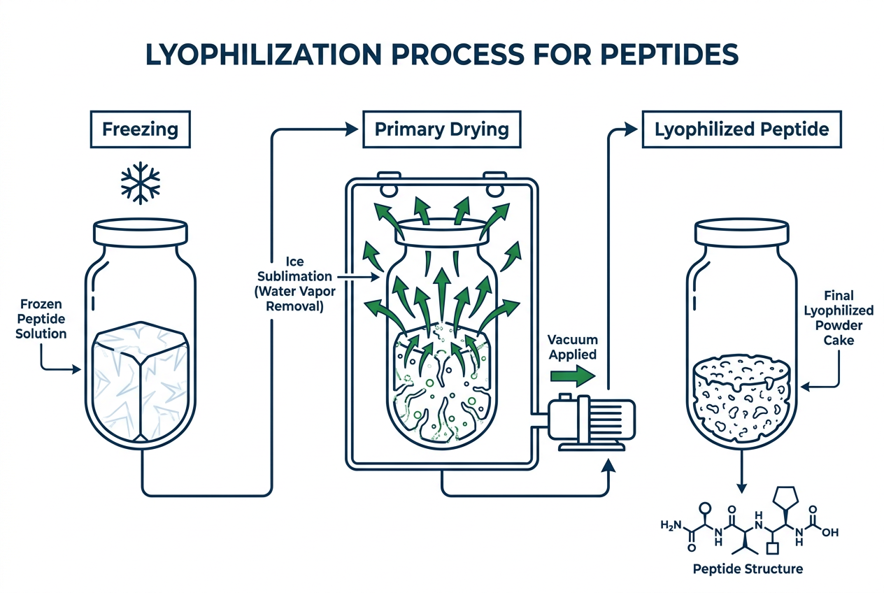 Infographic showing lyophilized peptides process from solution to freeze-dried powder.