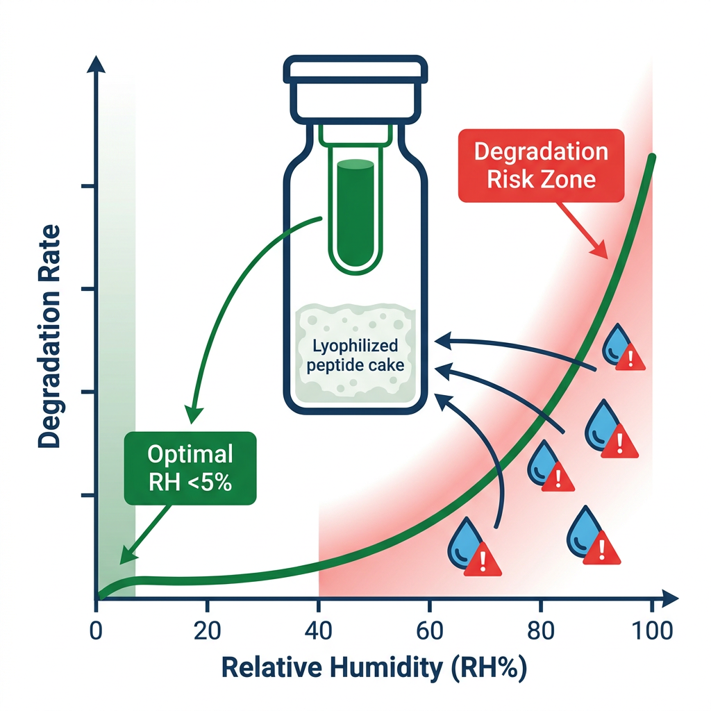Moisture control infographic for lyophilized peptide storage showing humidity impact on stability.