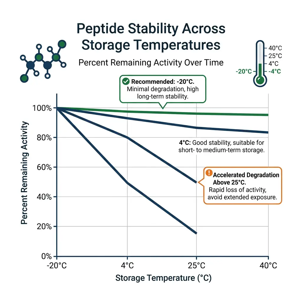 Temperature stability chart for lyophilized peptides showing degradation at different storage temperatures.