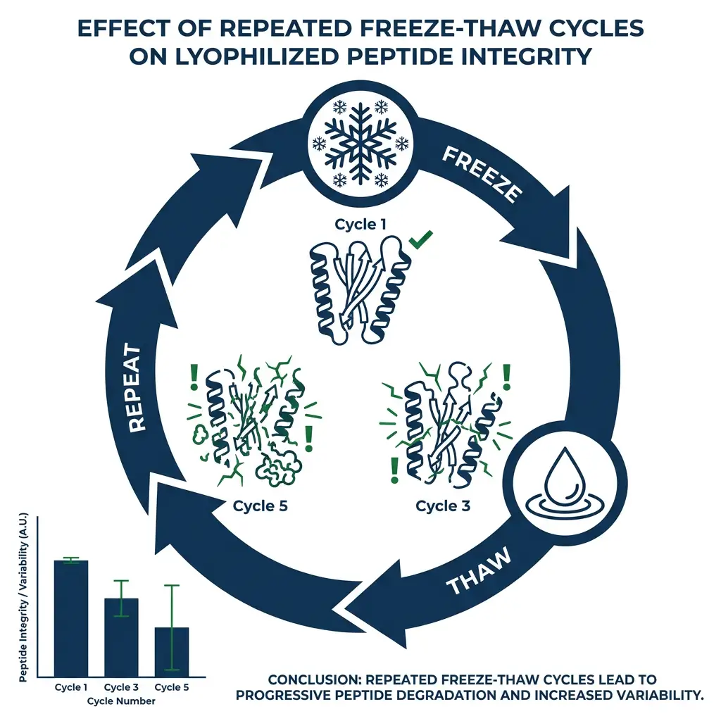 Freeze-thaw cycle variability infographic for lyophilized peptides showing increased degradation with repeated cycles.