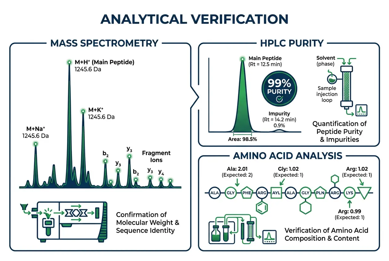 Infographic showing mass spectrometry and HPLC purity analysis for national science labs peptides