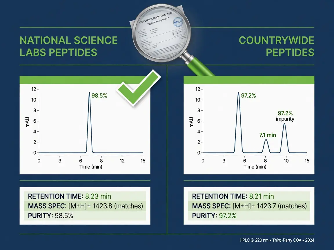 Infographic comparing HPLC purity data for national science labs peptides and Countrywide Peptides.