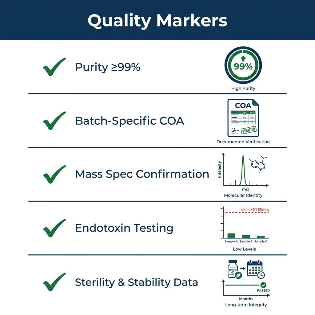 Checklist infographic of quality markers for research peptides including purity and COA