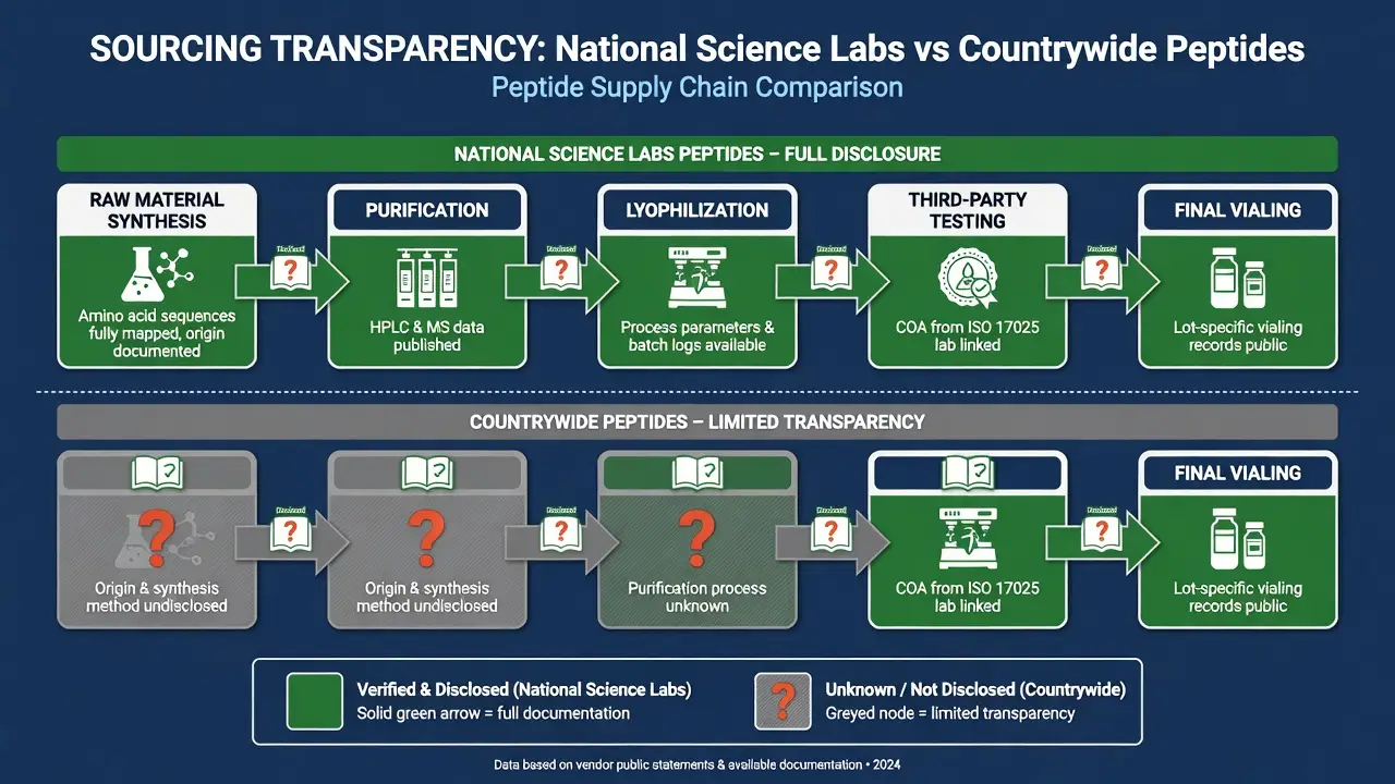 Supply chain transparency flowchart comparing national science labs peptides and Countrywide Peptides sourcing disclosure.