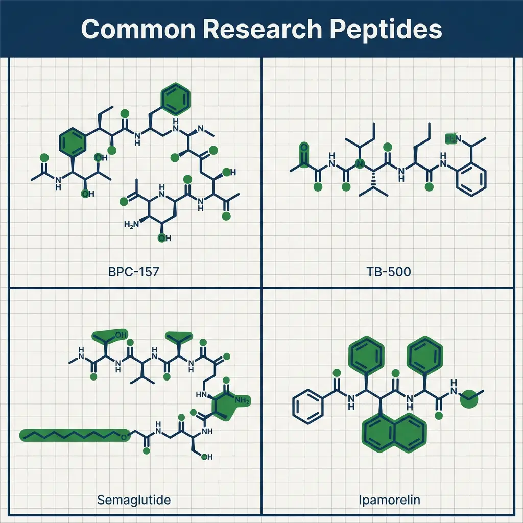 Catalog-style infographic of common research peptide molecular structures