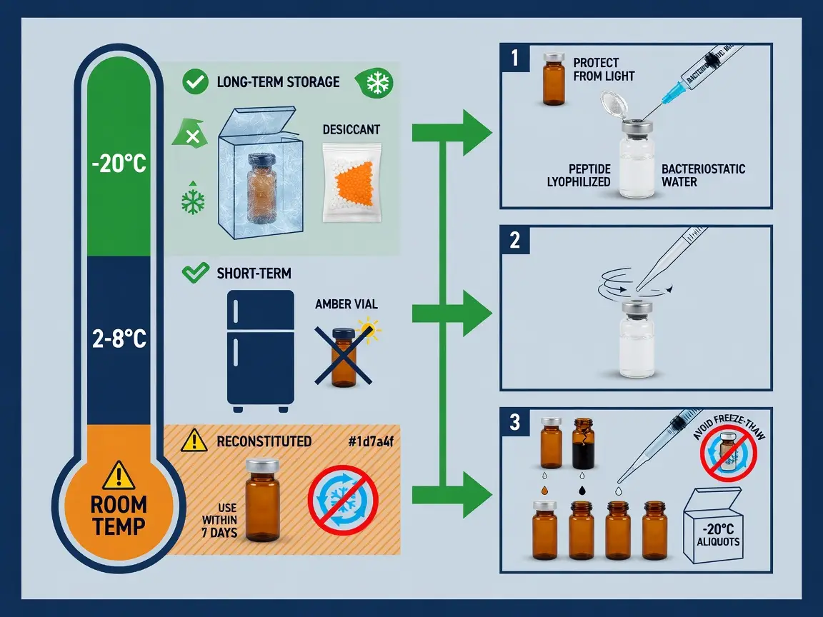 Storage and handling diagram for lyophilized peptides with temperature zones and reconstitution steps.