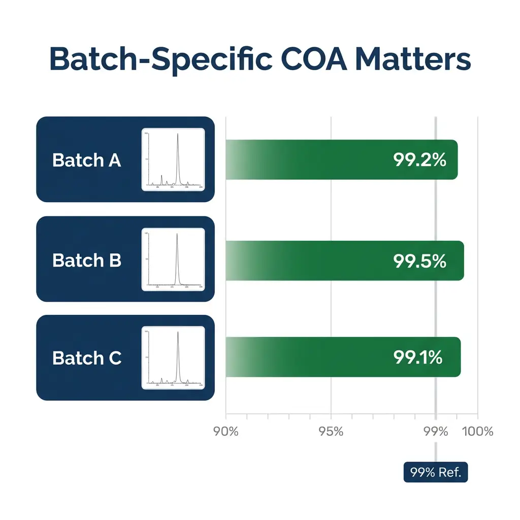 Comparison chart showing batch-specific certificate of analysis data for peptide purity