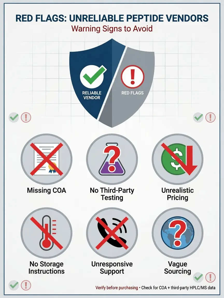 Red flag checklist infographic for evaluating peptide vendor reliability with warning icons.