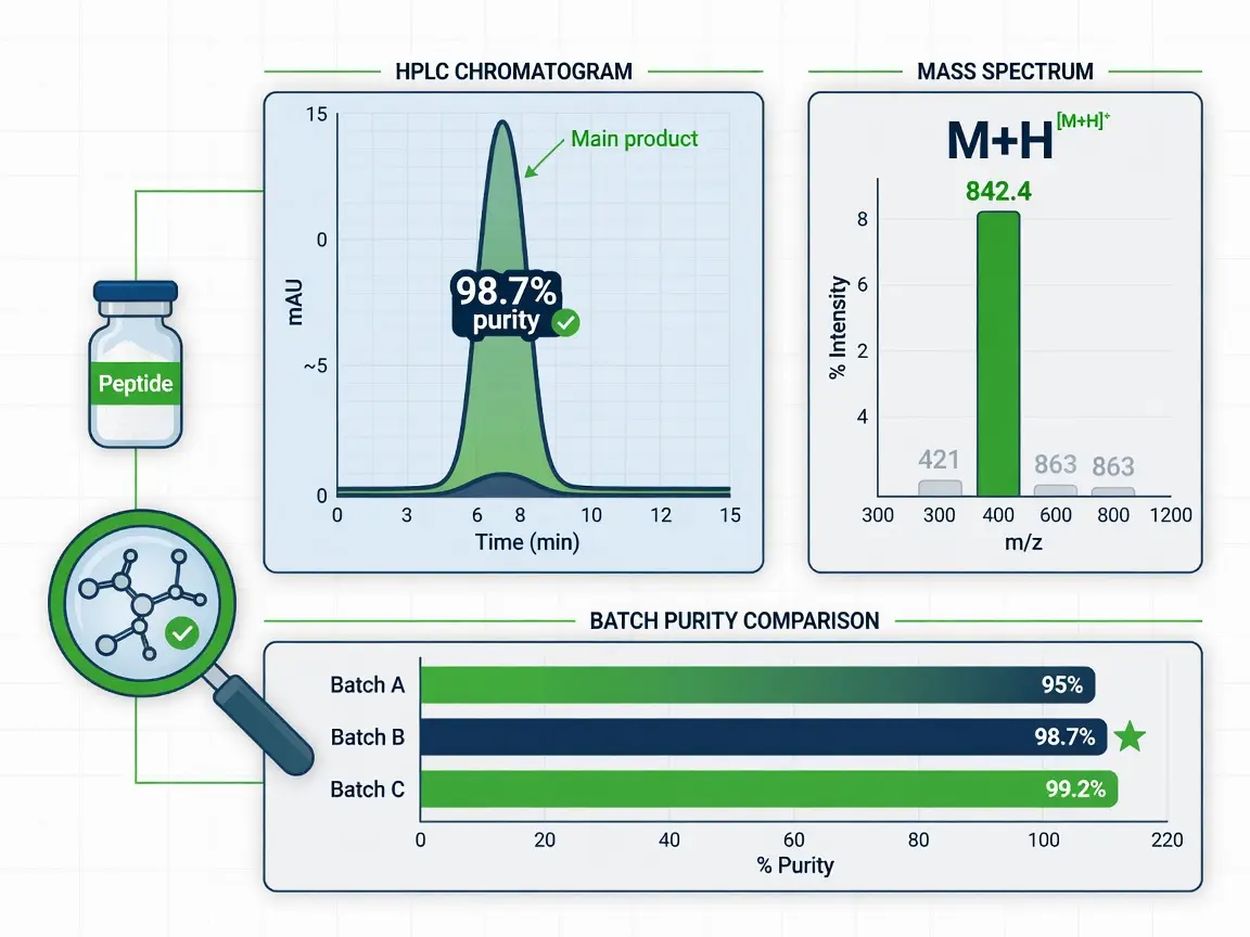 Infographic showing HPLC chromatogram and mass spectrum with purity data for nationalsciencelabs com peptides