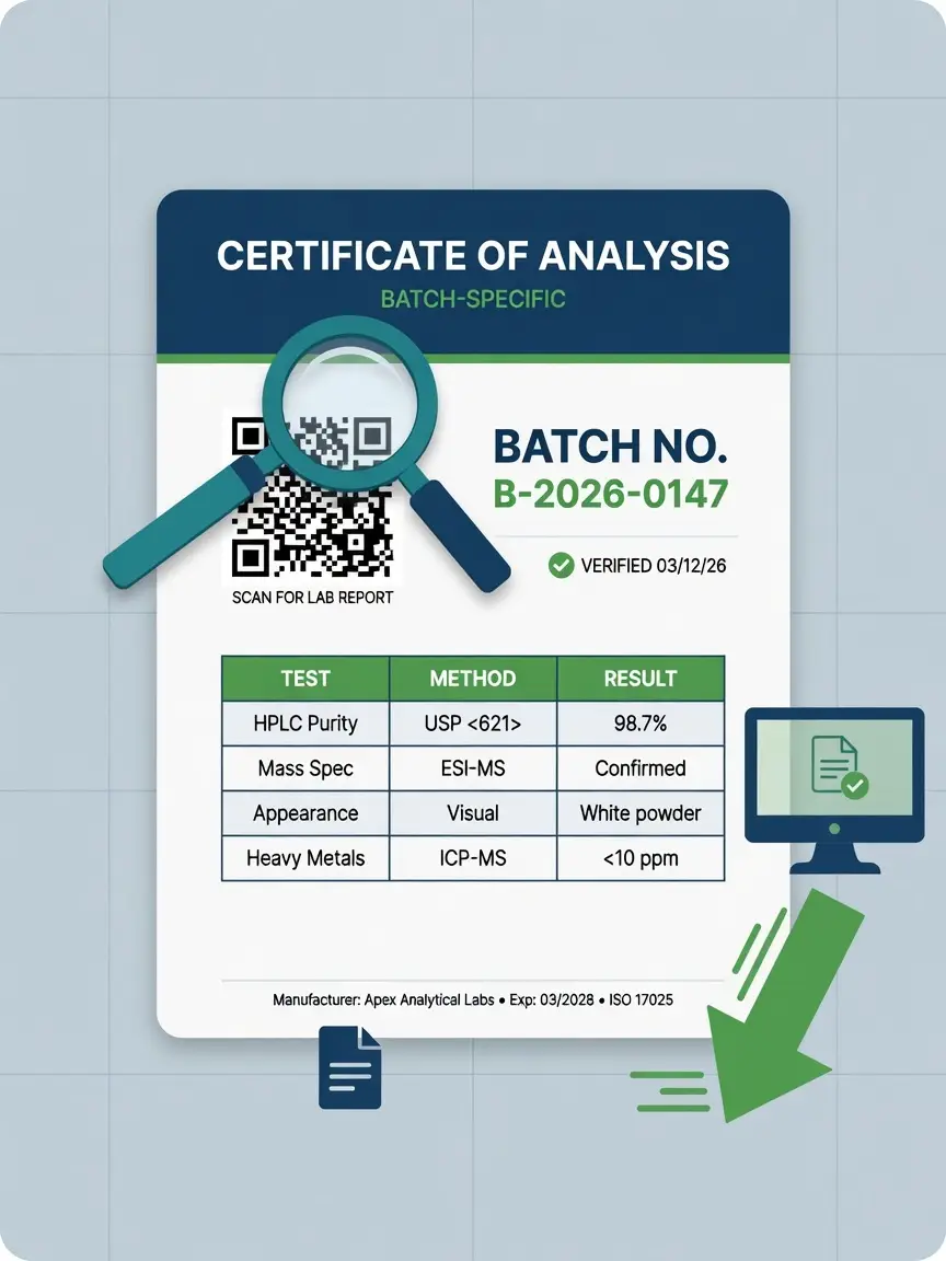 Infographic of batch-specific Certificate of Analysis with QR code and purity table for nationalsciencelabs com