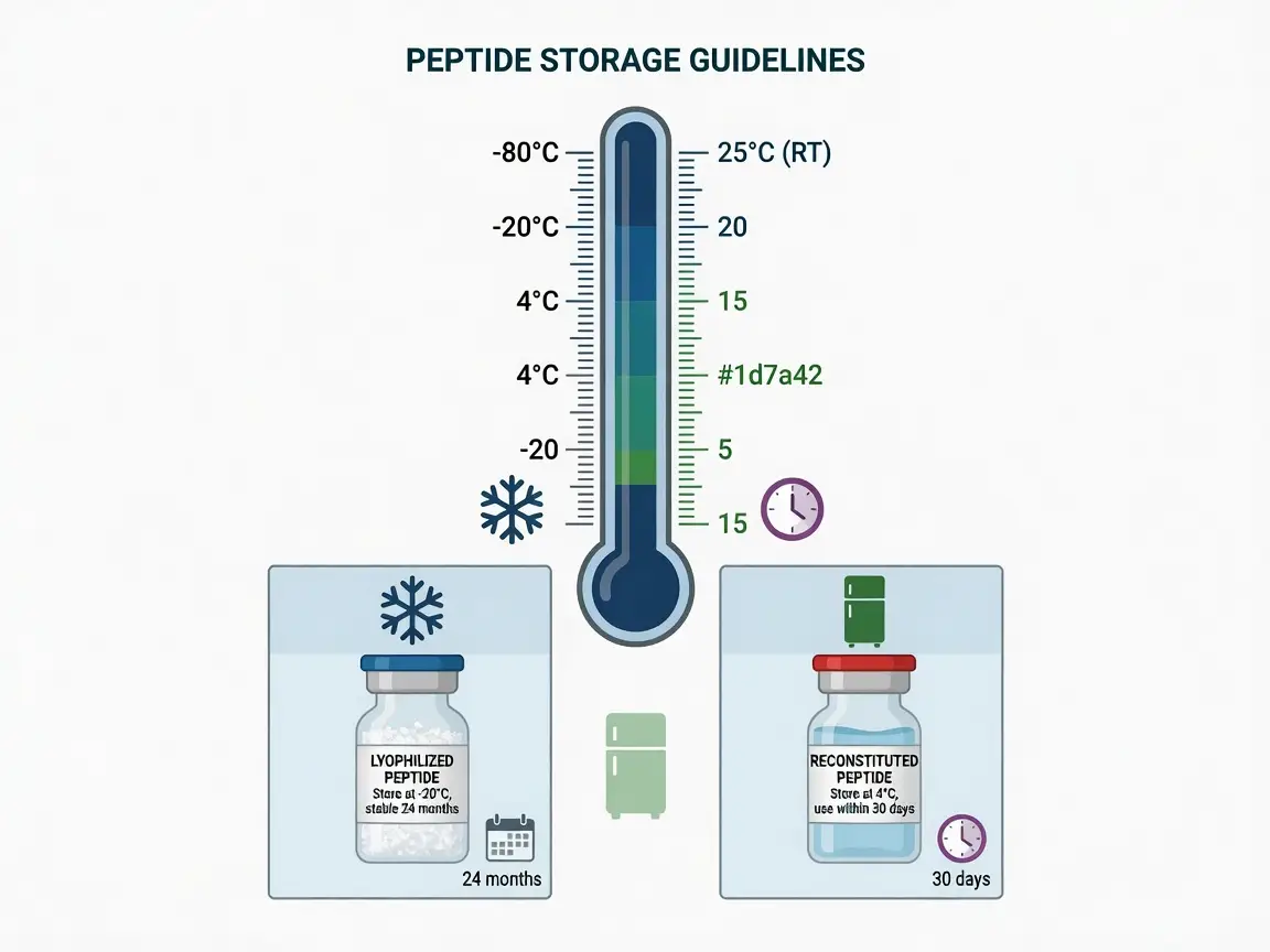 Infographic of peptide storage guidelines with temperature ranges and lyophilized/reconstituted states
