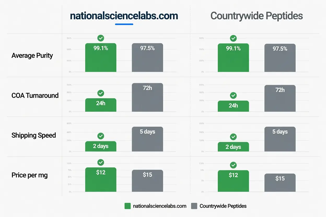 Comparison infographic of nationalsciencelabs com vs Countrywide Peptides with metrics bars