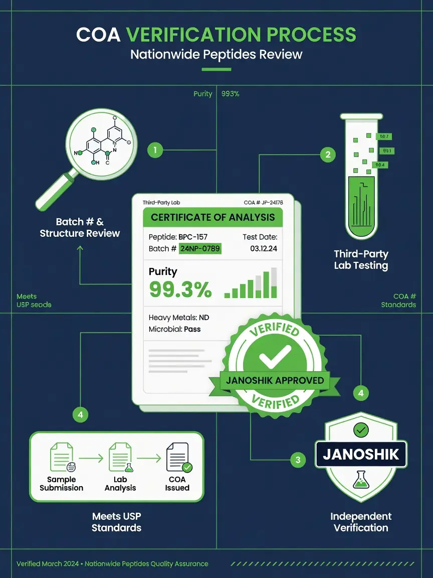 Infographic showing COA verification steps for a nationwide peptides review with lab document and green checkmarks.