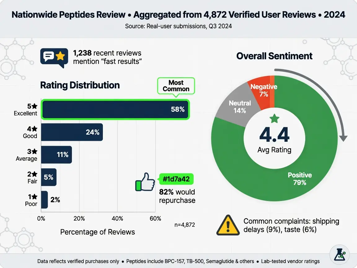 Bar chart and donut chart showing user rating distribution and sentiment for a nationwide peptides review.