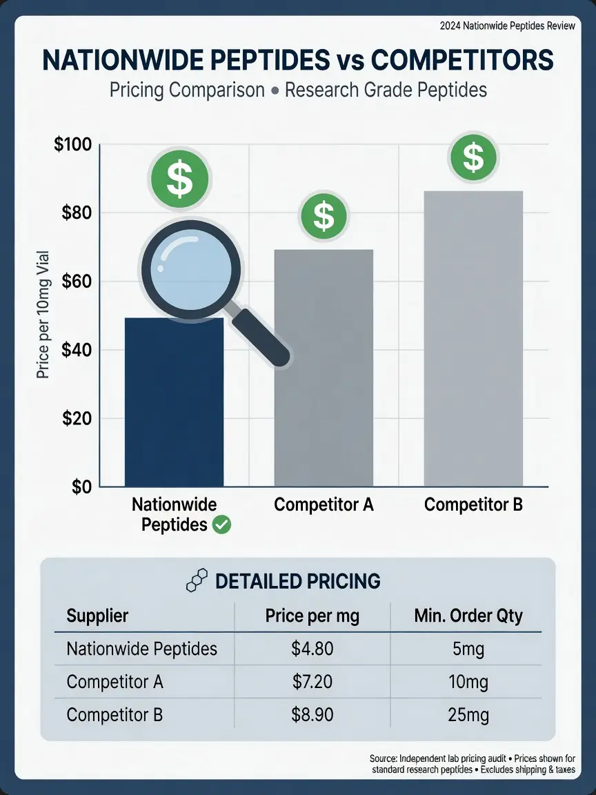 Bar chart comparing peptide pricing between Nationwide Peptides and two competitors, with green dollar signs.