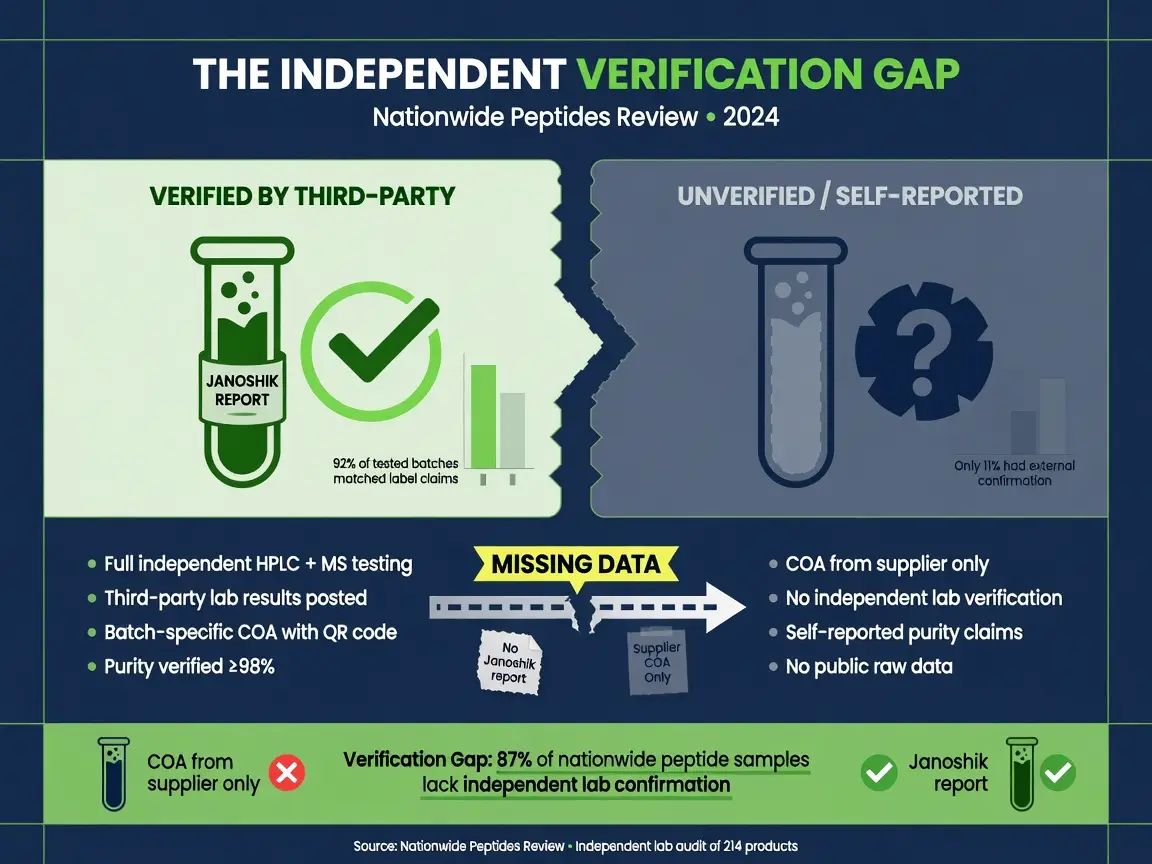 Infographic showing verification gap between third-party tested and self-reported data for a nationwide peptides review.