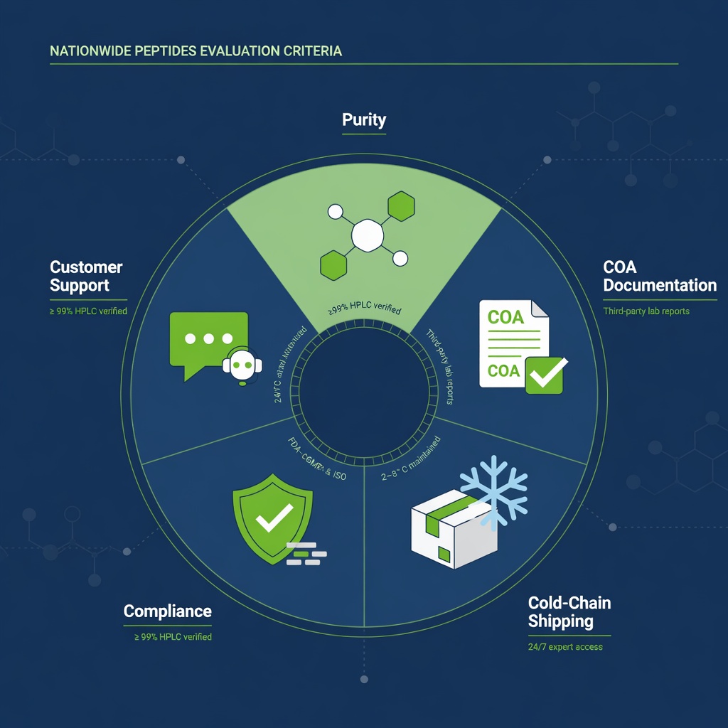 Infographic showing key evaluation criteria in nationwide peptides reviews including purity, COA, shipping, compliance, and support