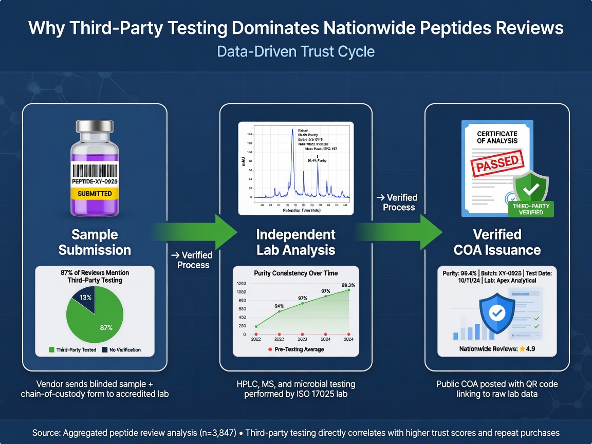 Flowchart showing third-party testing process stages that dominate nationwide peptides reviews