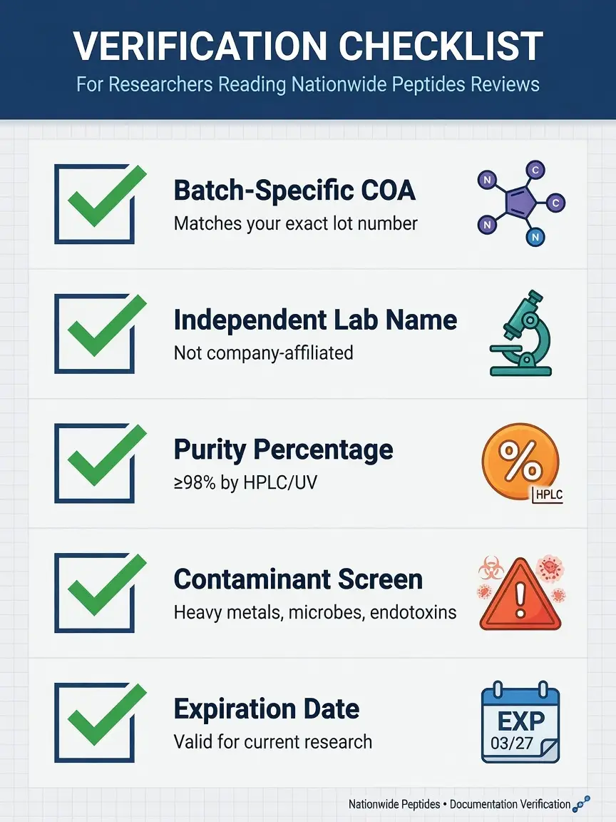 Checklist infographic for verifying documentation in nationwide peptides reviews with five key items