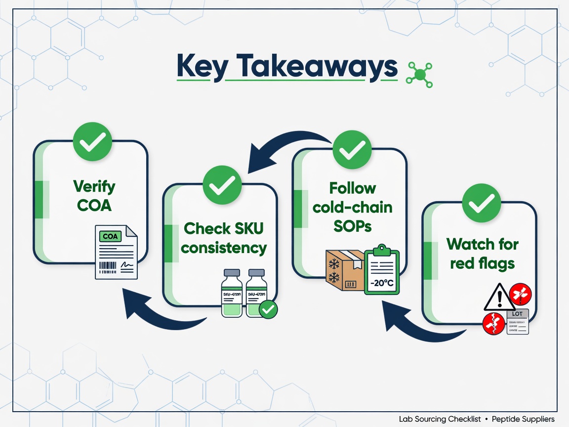 Infographic of peptide company research labs sourcing checklist key takeaways with COA verification, SKU consistency, cold-chain SOPs, and red flags.