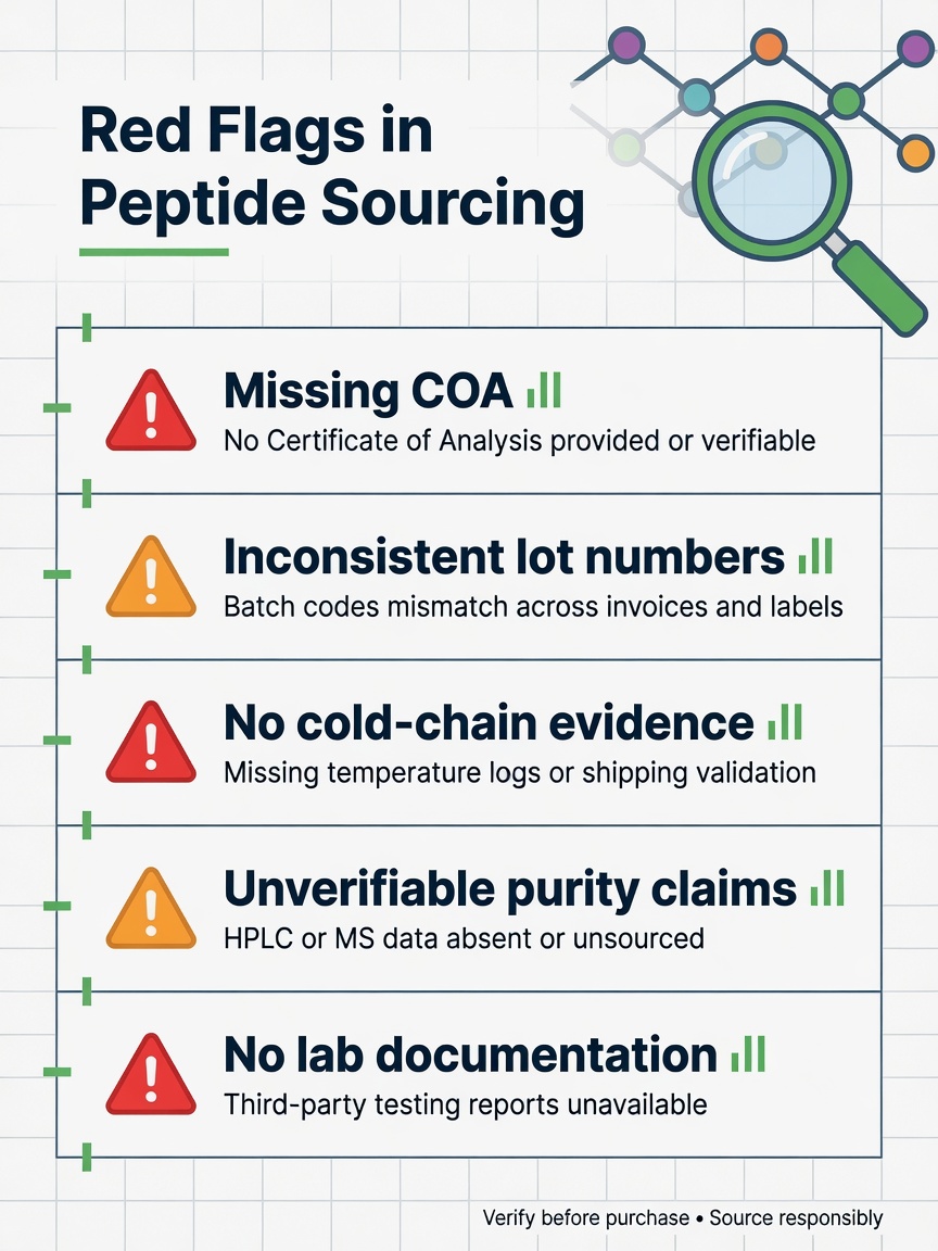 Infographic listing red flags for peptide supplier sourcing: missing COA, inconsistent SKU, no cold chain, unverifiable purity, no documentation.