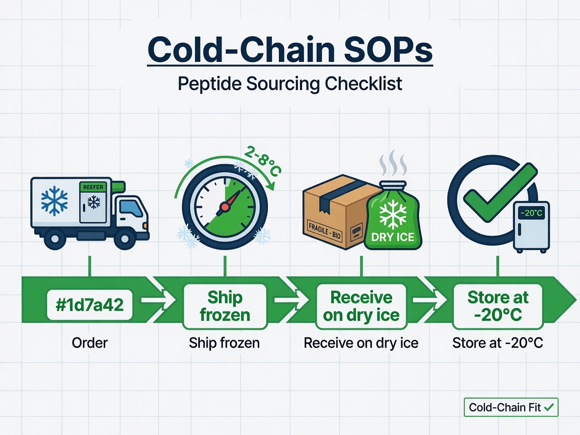 Infographic showing cold-chain steps for peptide delivery: temperature-controlled shipping, dry ice, and storage at minus 20 degrees.
