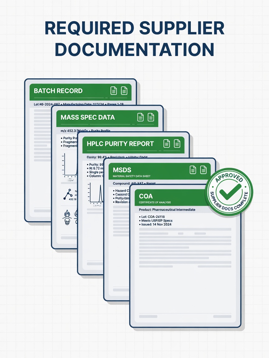 Infographic showing required peptide supplier documents: COA, MSDS, HPLC report, mass spec, batch record.