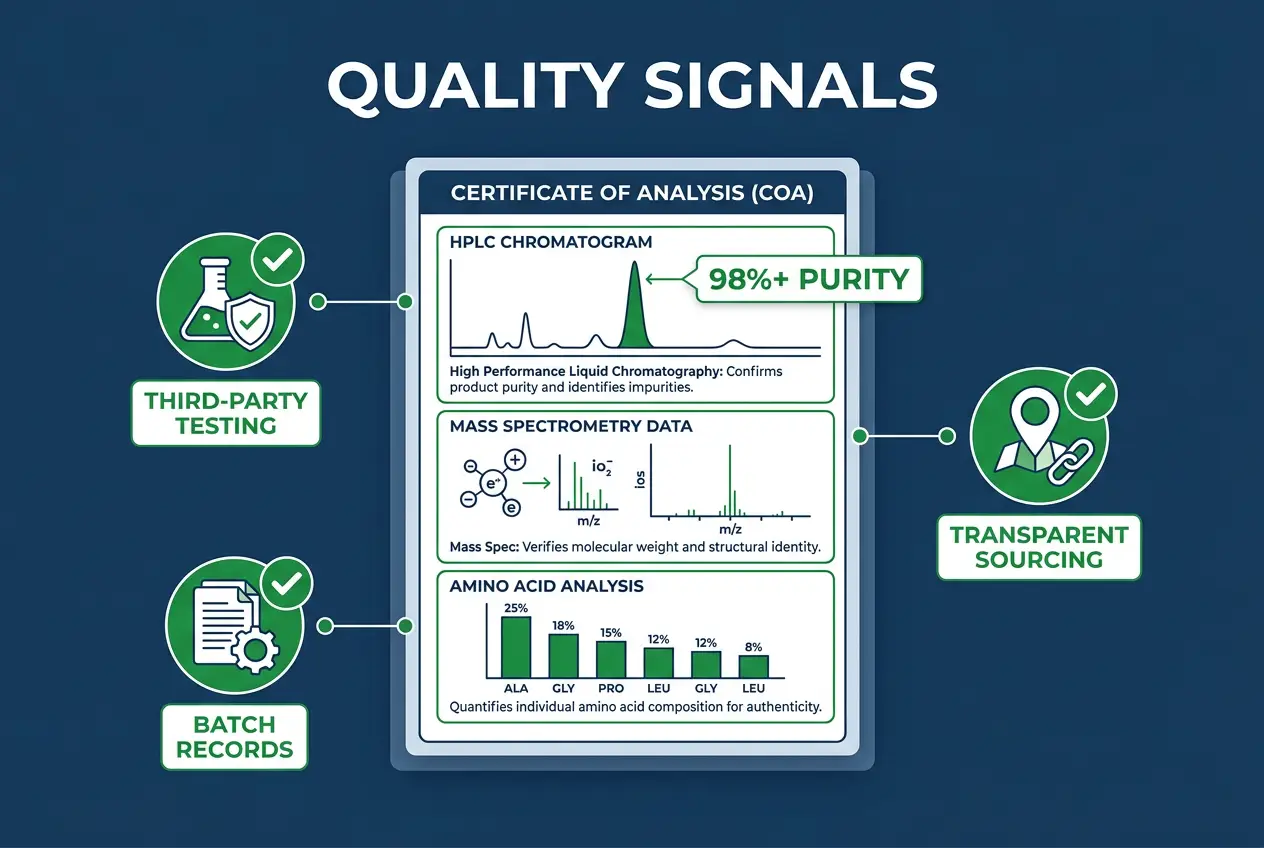 Infographic of peptide quality signals including HPLC purity 98%+ and COA documentation for peptide suppliers usa