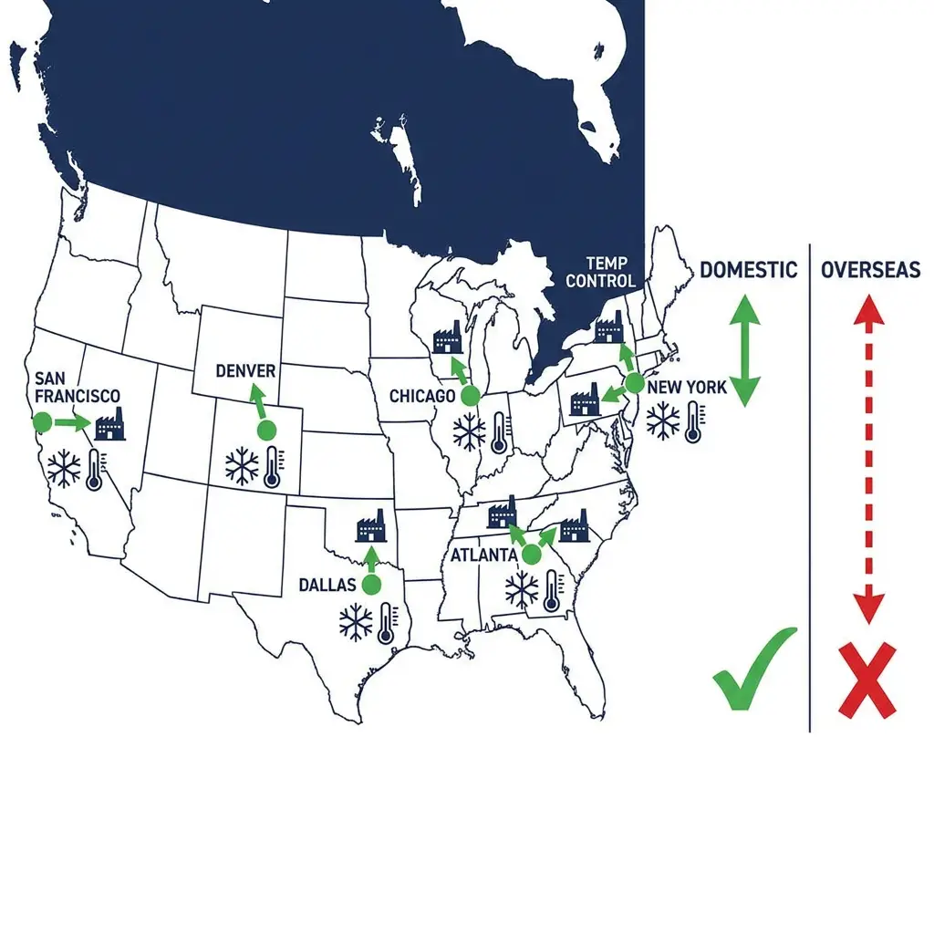 Diagram of US domestic warehousing benefits for peptide suppliers including temperature control and fast shipping