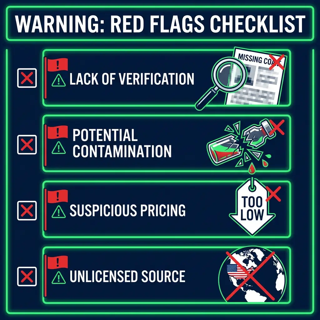 Infographic of red flags to avoid when choosing peptide suppliers usa such as missing COAs and unrealistically low prices