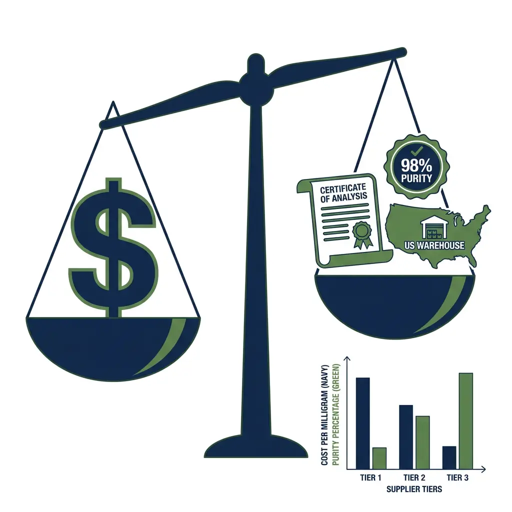Illustration of price versus value balance for peptide suppliers usa with quality indicators outweighing cost