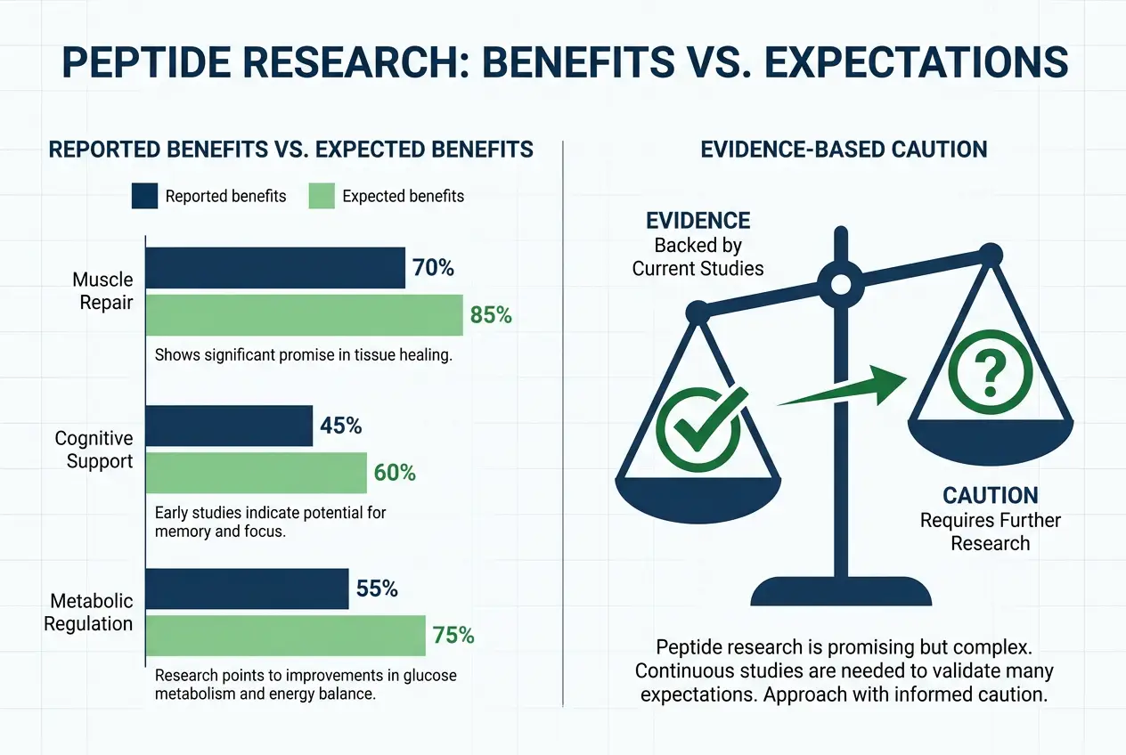 Infographic comparing peptide research benefits versus expectations using evidence 2026 data with bar charts and balance scale.