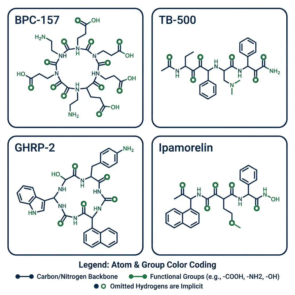Diagram of four peptide molecular structures labeled BPC-157, TB-500, GHRP-2, and Ipamorelin in navy and green.