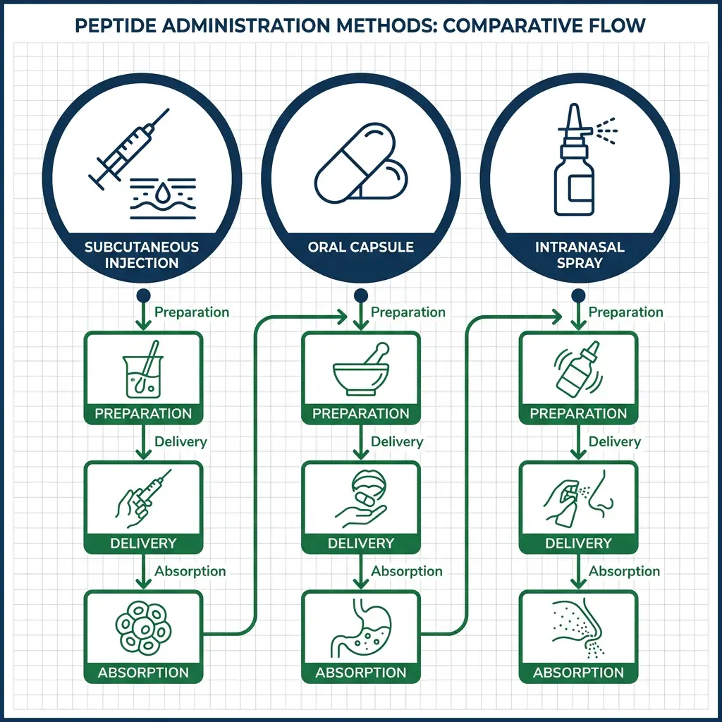 Infographic comparing peptide administration methods: subcutaneous injection, oral capsule, and intranasal spray with flow arrows.