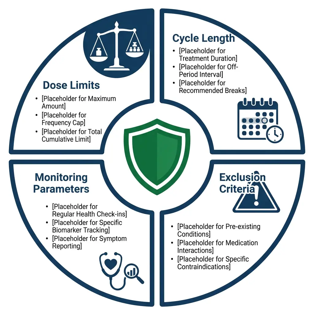 Safety boundaries infographic with shield icon and four sections: dose limits, cycle length, monitoring, exclusion criteria.