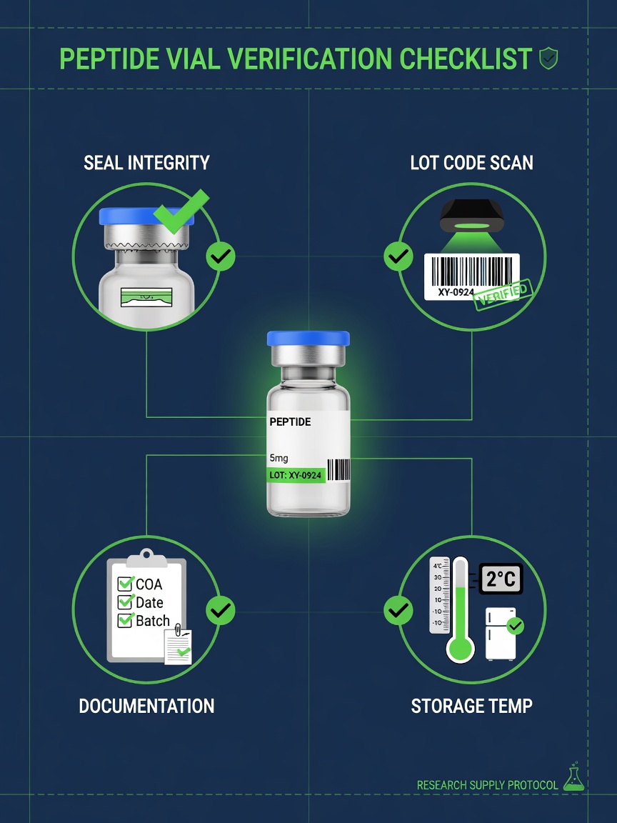 Infographic showing peptide vial receiving verification checklist with seal, lot code, and storage icons.
