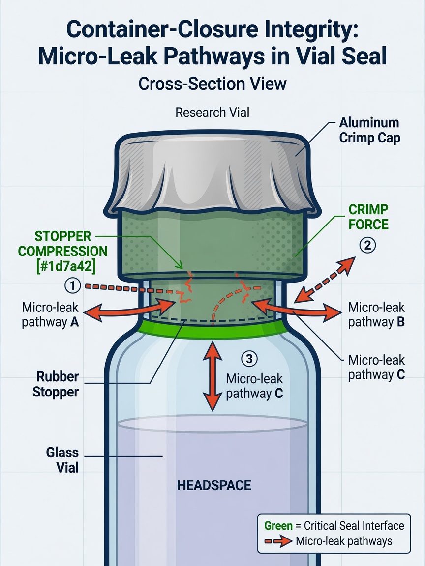 Diagram of vial seal cross-section showing stopper compression and leak pathways.