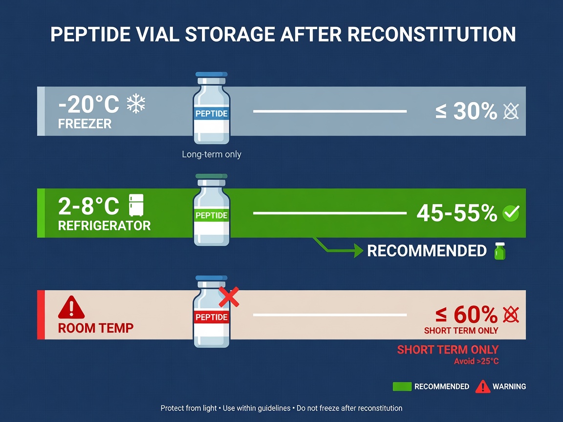 Storage temperature zones infographic for peptide vials with freezer, fridge, and warning icons.