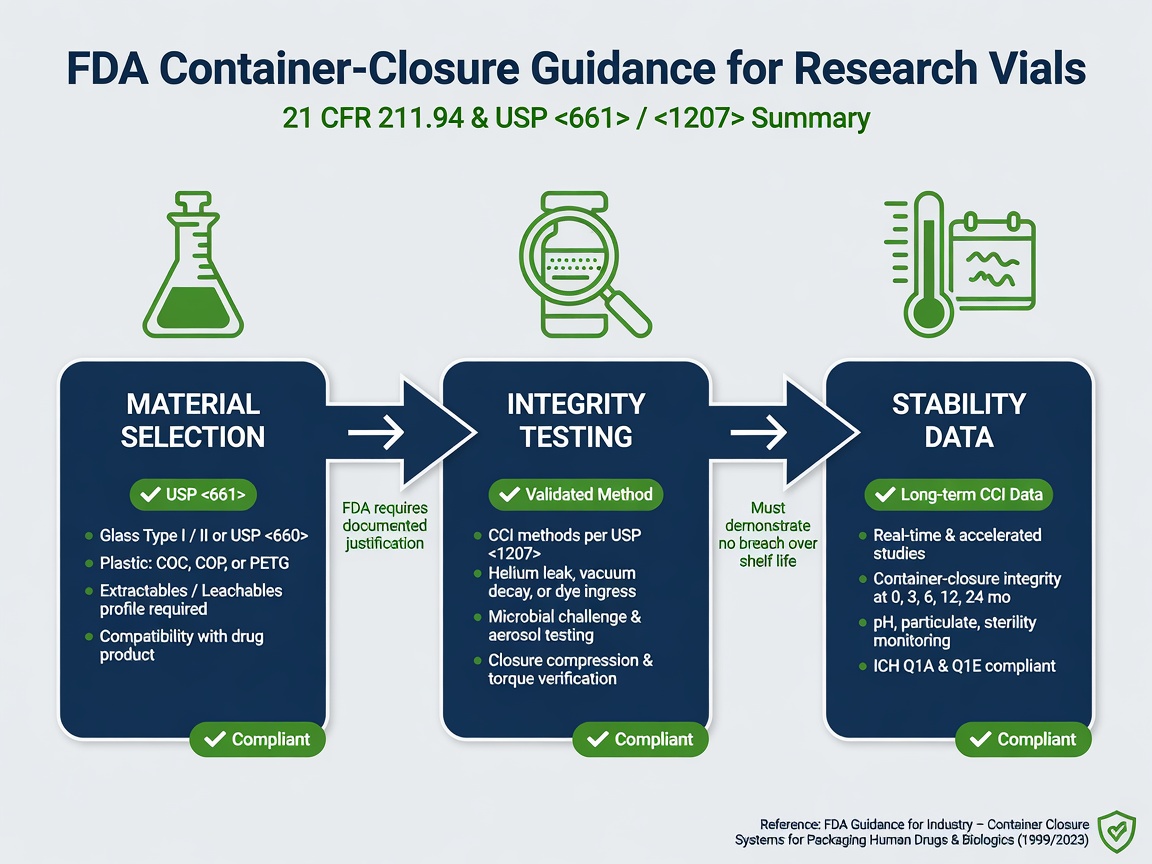 FDA guidance flowchart for vial container-closure systems with testing and stability icons.