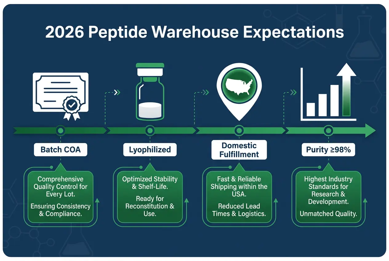 Infographic showing 2026 peptide warehouse expectations including batch COAs, lyophilized handling, domestic fulfillment, and purity metrics.