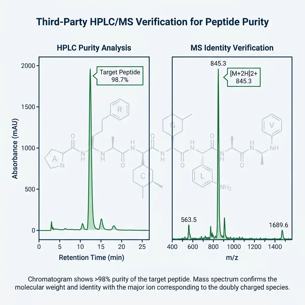 HPLC chromatogram and mass spectrum diagram verifying peptide purity with labeled peaks and molecular structure.