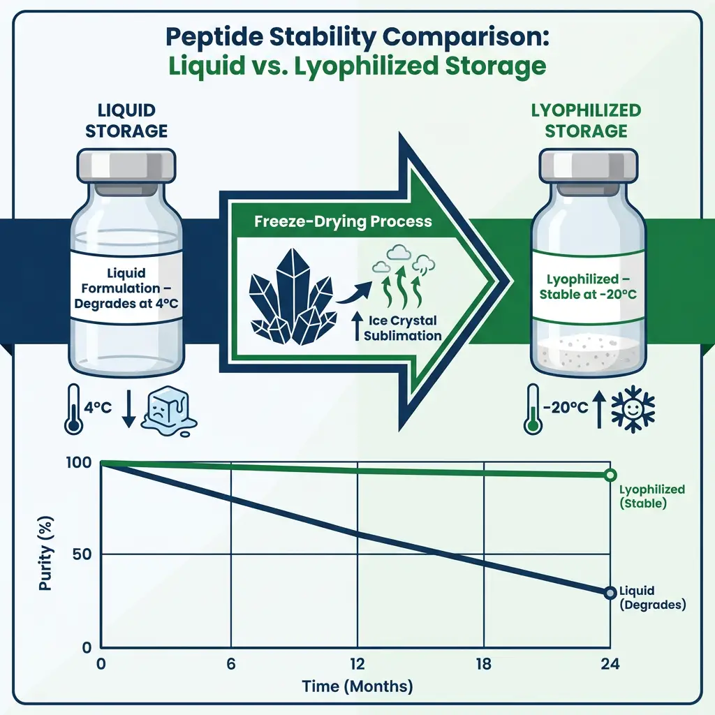 Comparison infographic of lyophilized versus liquid peptide storage with stability graph over 24 months.